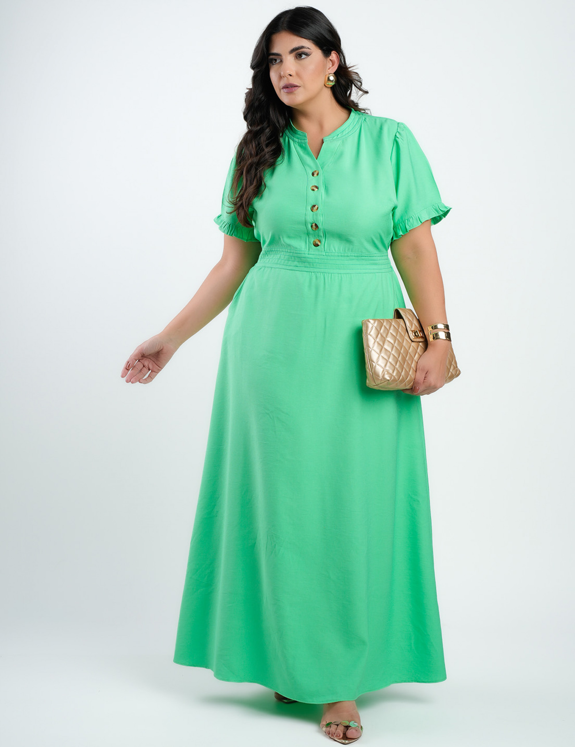 Vestido Longo Alfaiataria Com Pesponto Verde