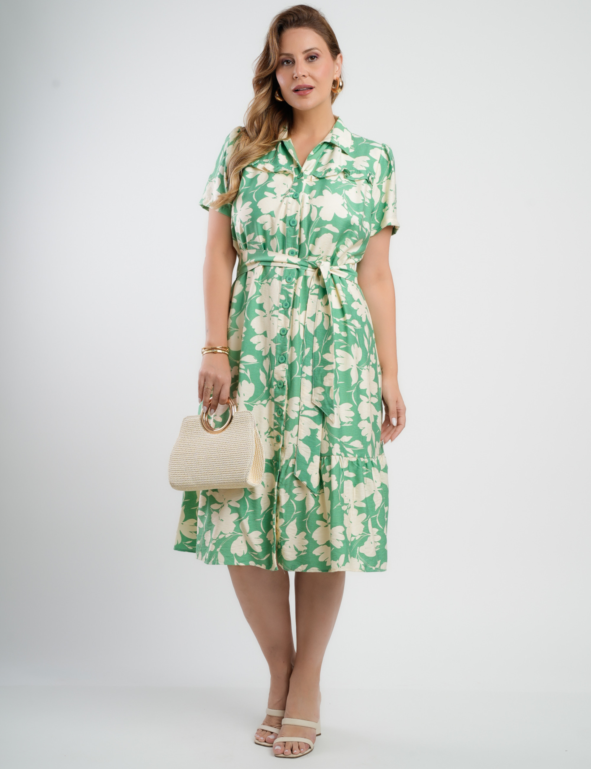 Vestido Midi Crepe Encorpado Estampado Verde 