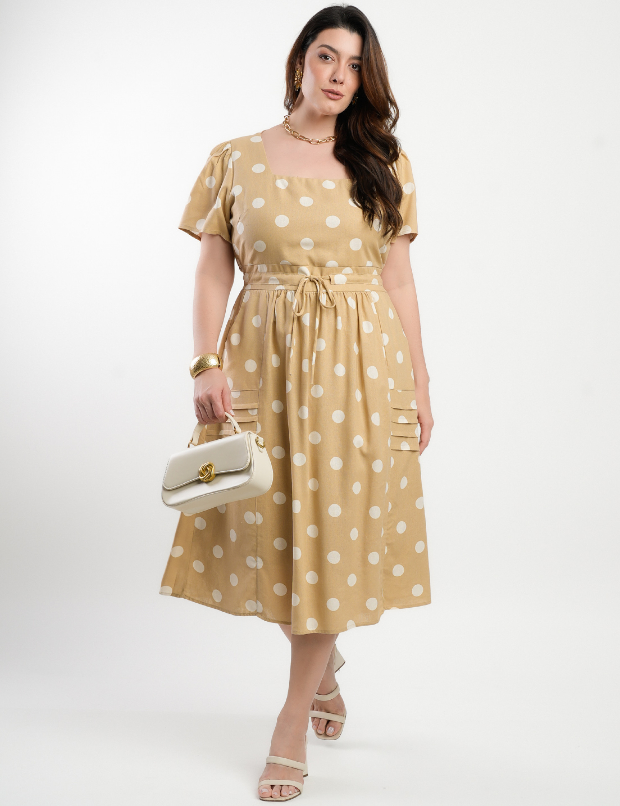 Vestido Midi Viscolinho Poá Marrom 