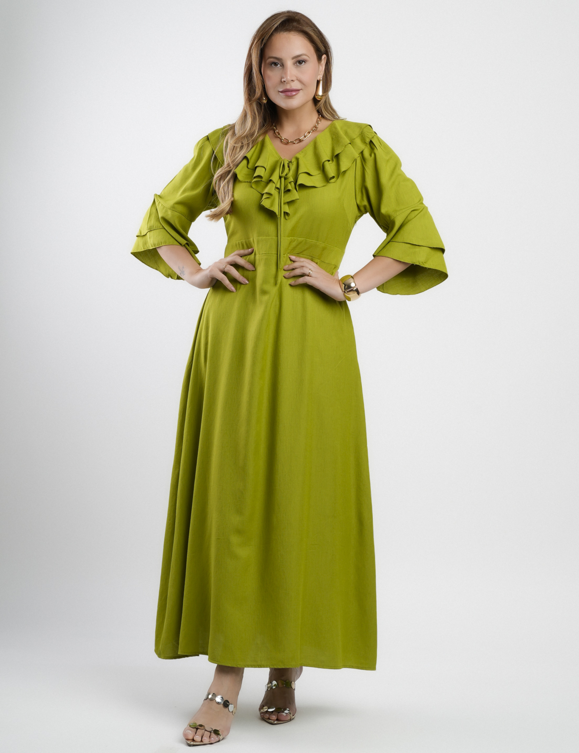 Vestido Longo Poliviscose Com Babado Verde