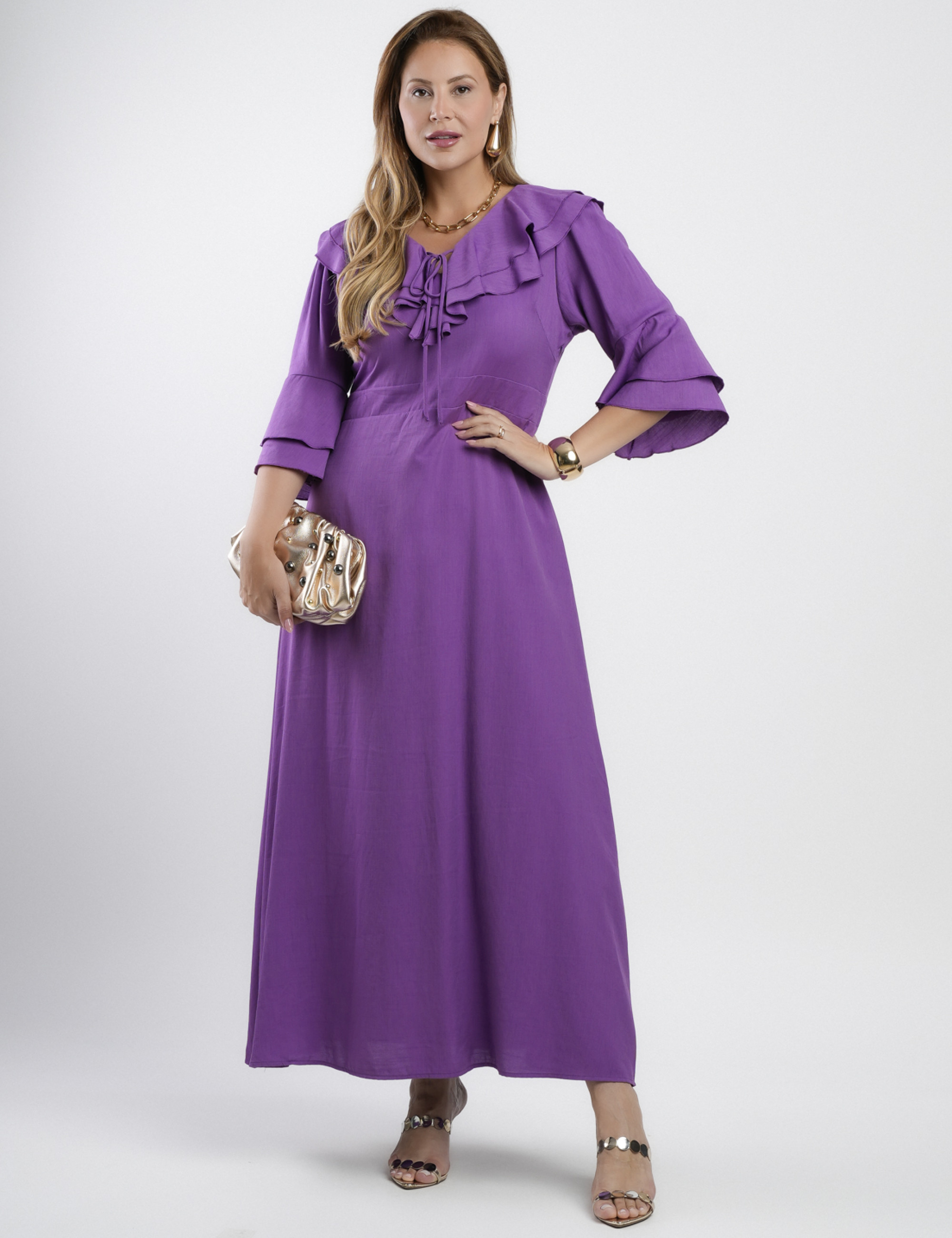 Vestido Longo Poliviscose Com Babado Roxo