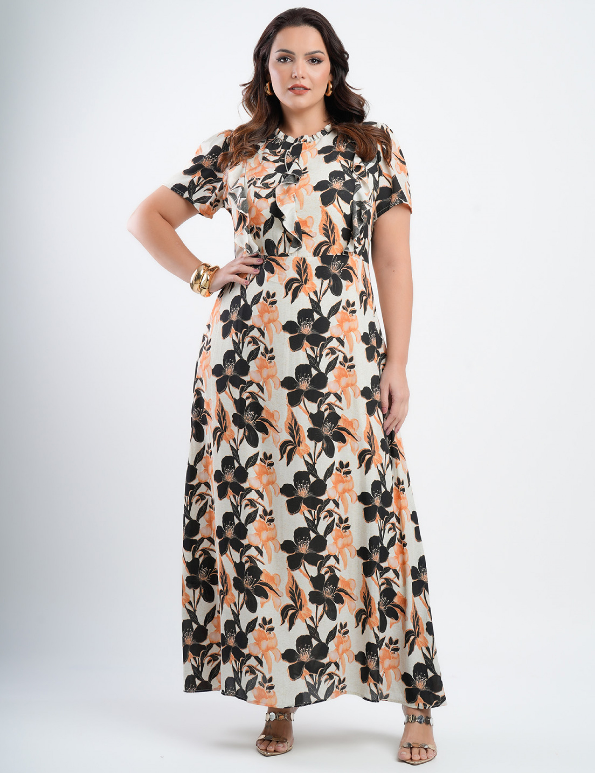Vestido Longo Chiffon Estampado Com Babadinho Preto