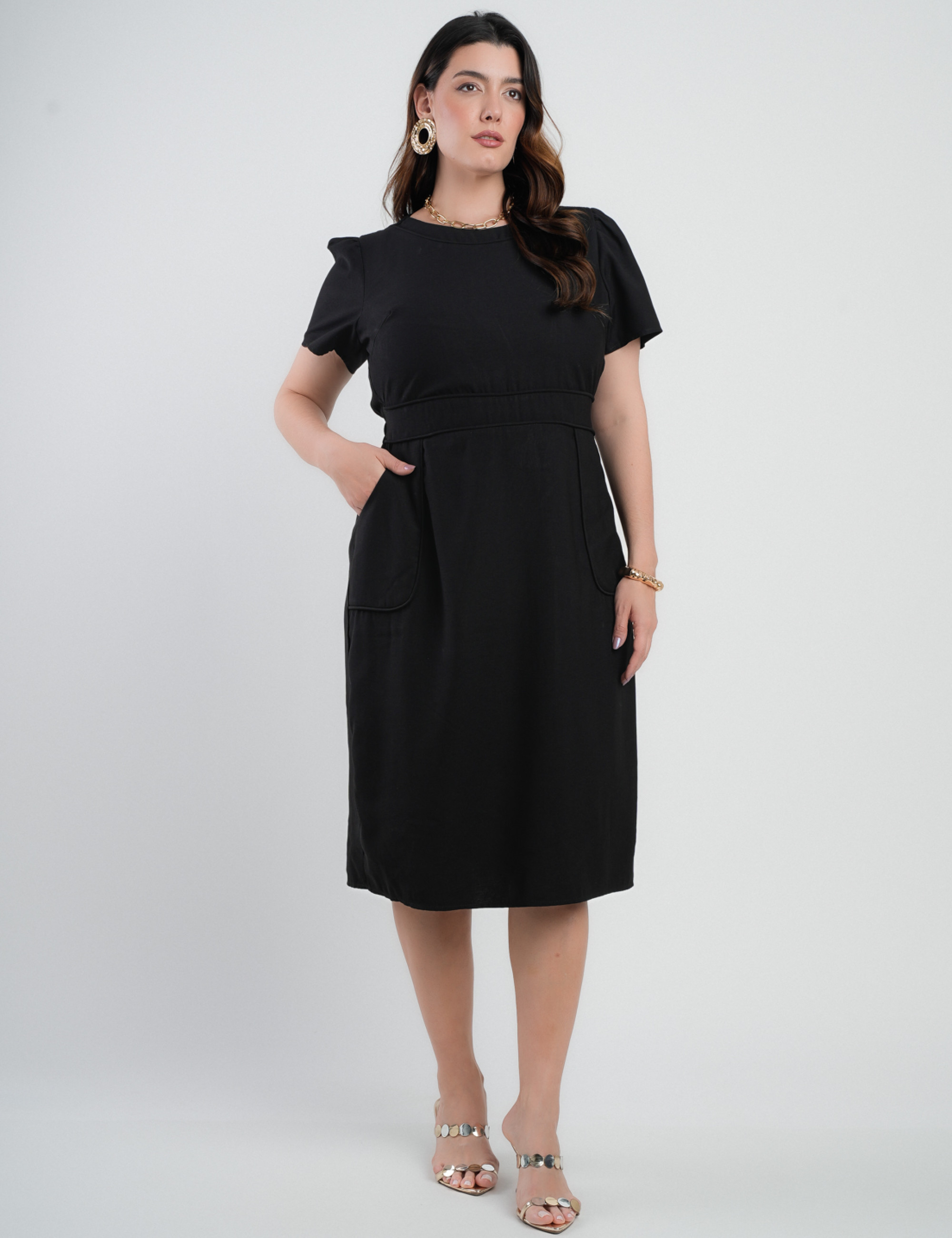 Vestido Midi Alfaiataria Com Nervuras Preto
