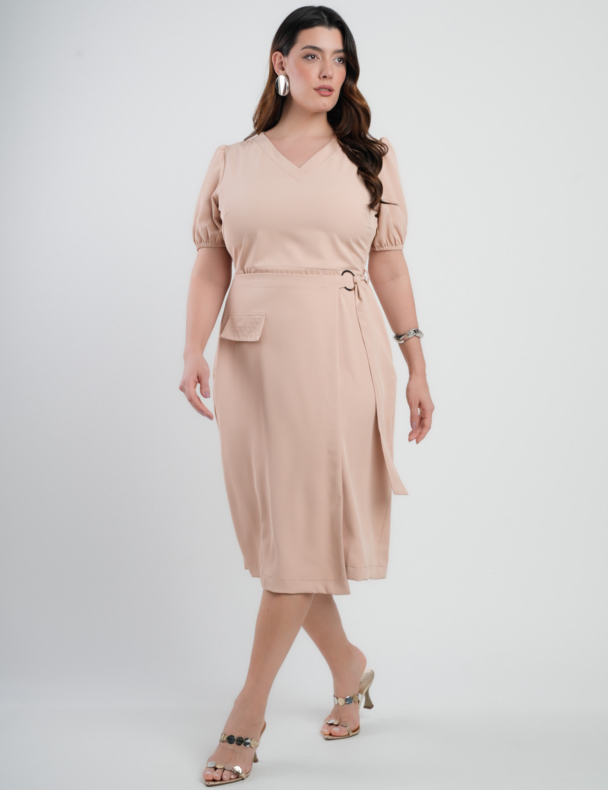 Vestido Midi Two Way Amarração Com Argola Bege 