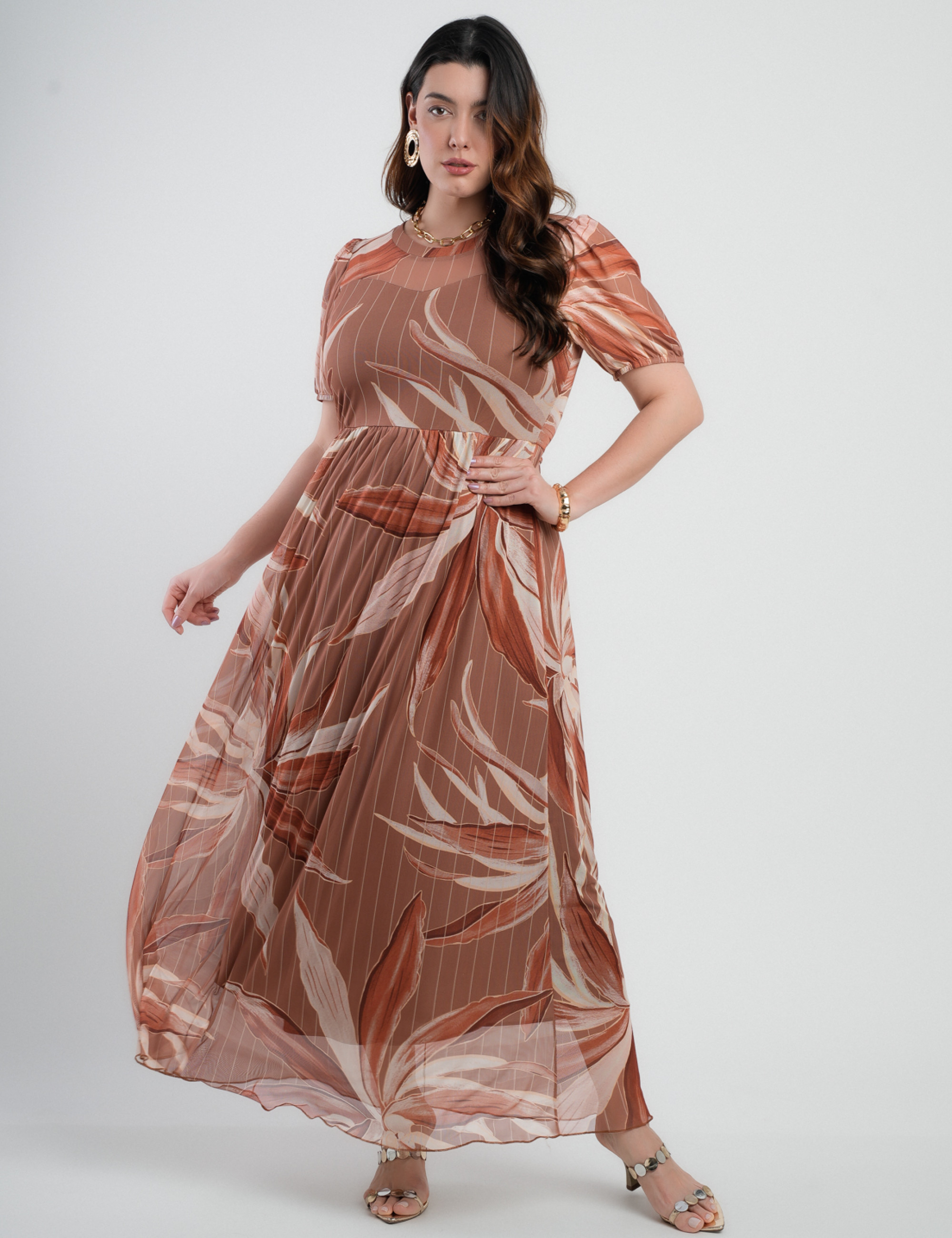 Vestido Longo Tule Estampado Marrom 