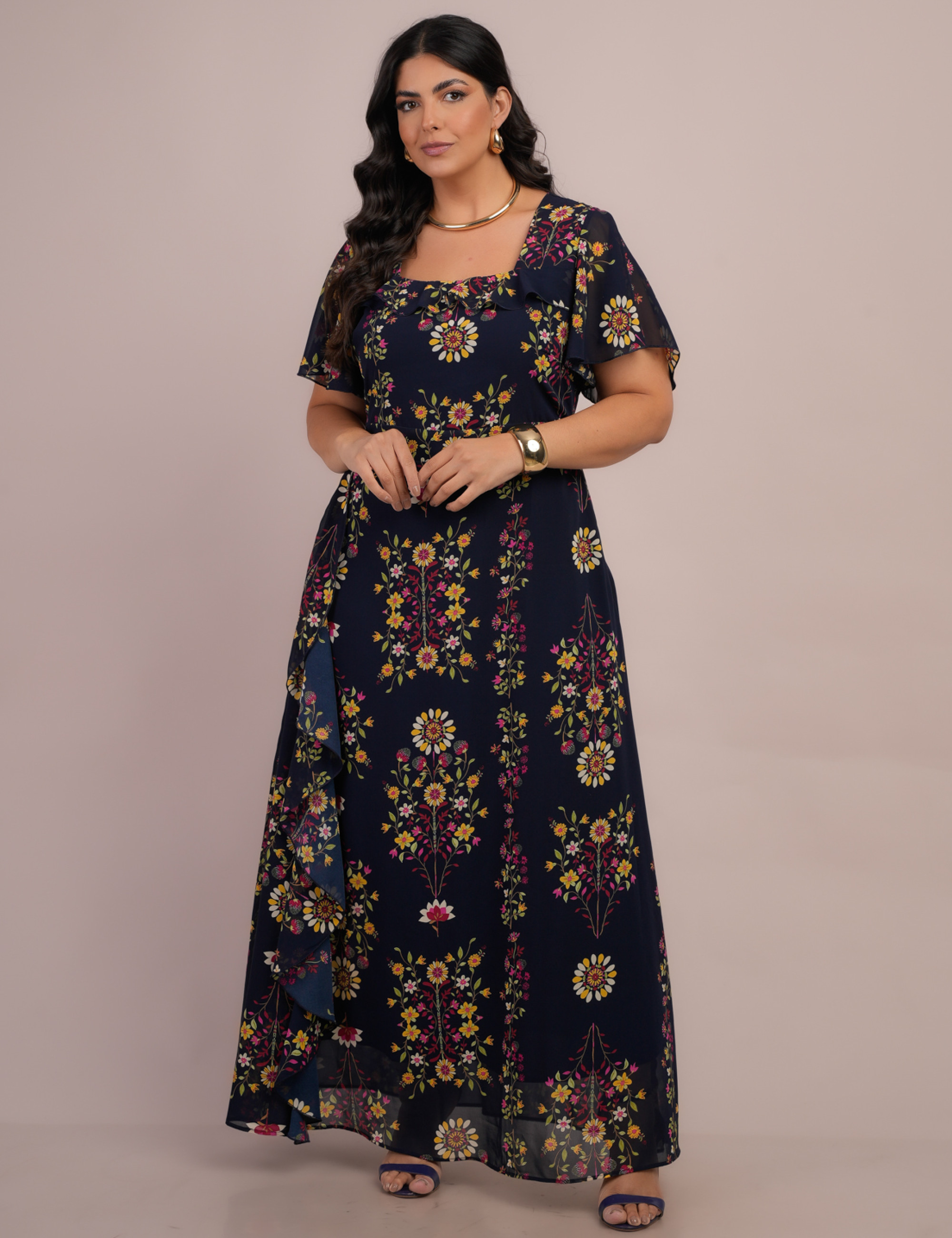 Vestido longo Chiffon Estampado Floral Marinho