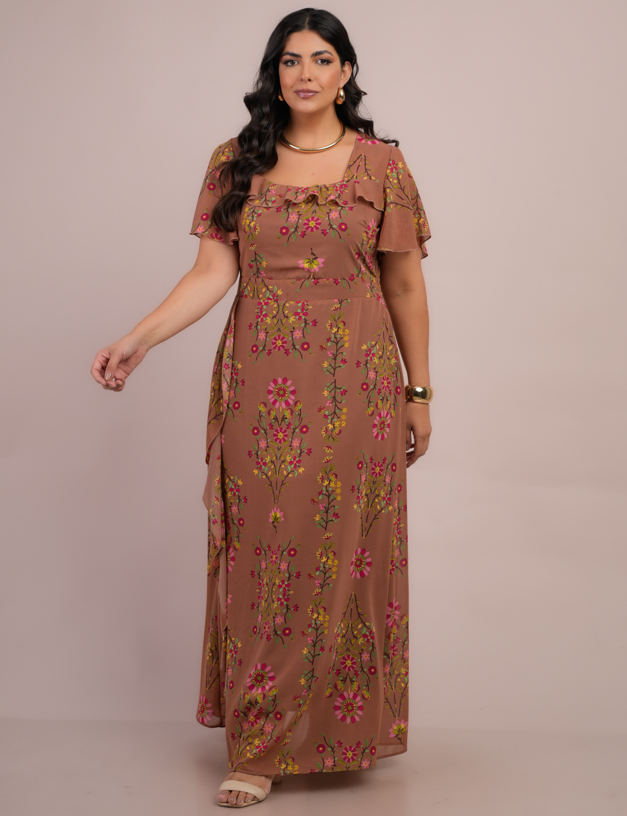 Vestido Longo Chiffon Estampado Floral Marrom 