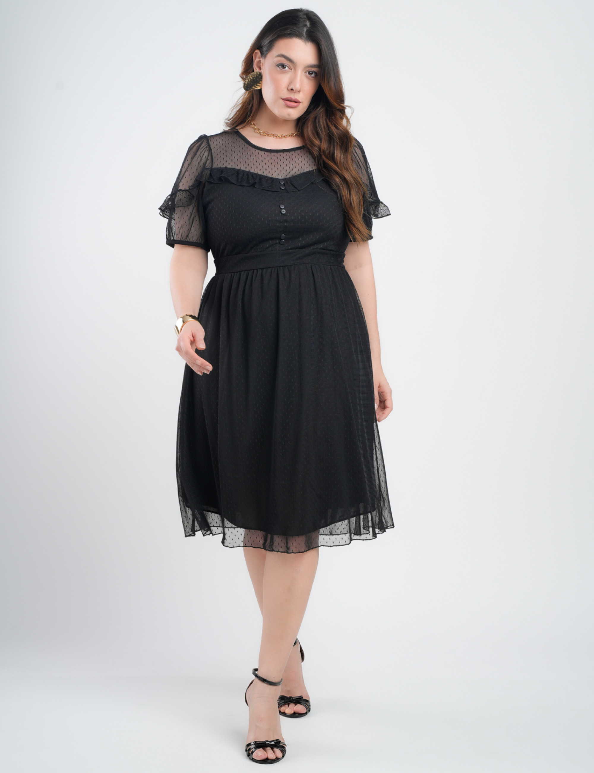 Vestido Midi Tule Textura Poá Com Babado Preto