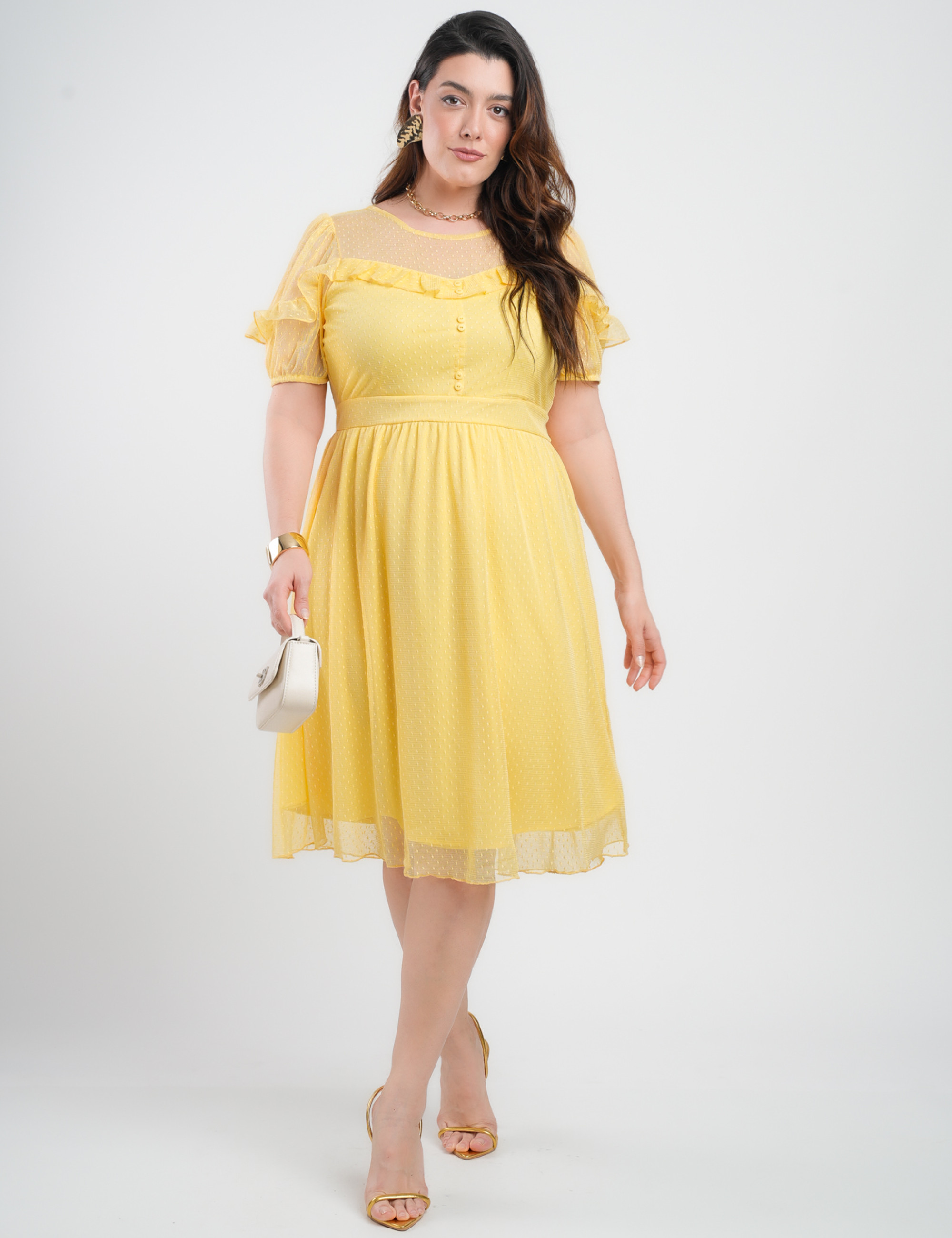 Vestido Midi Tule Textura Poá Com Babado Amarelo
