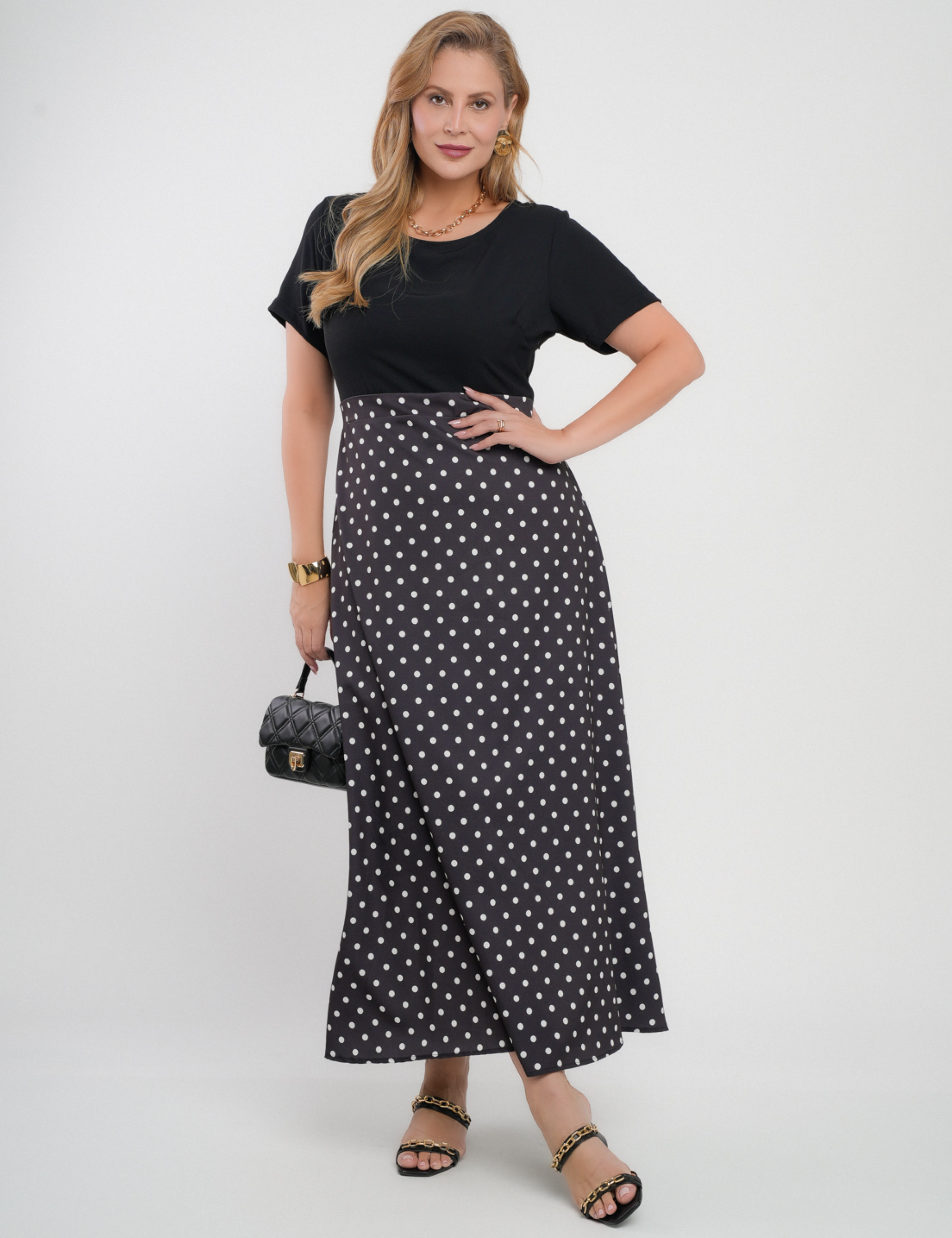 Vestido Longo Saia Poá Preto
