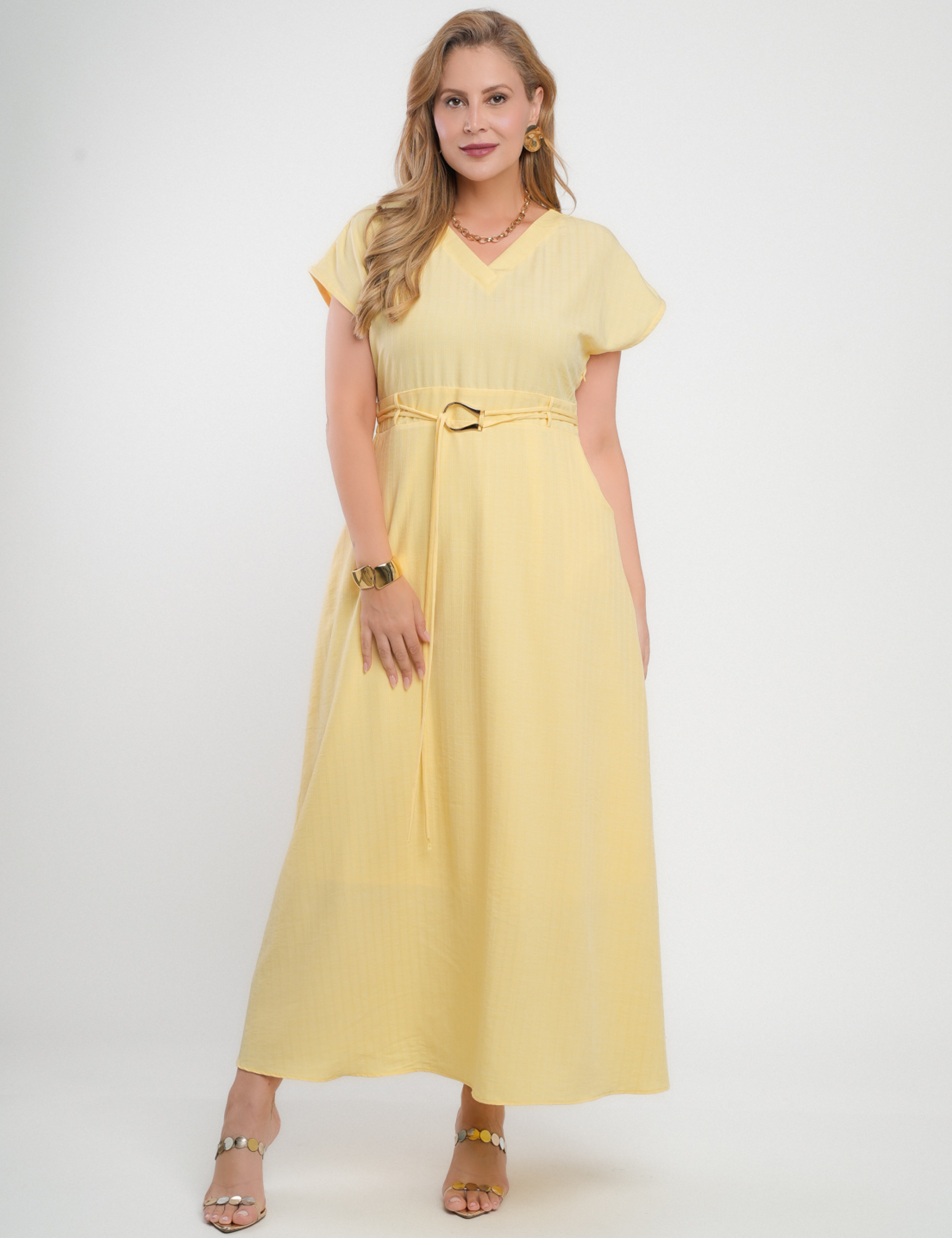 Vestido Longo Jaquard Com Fivela Amarelo