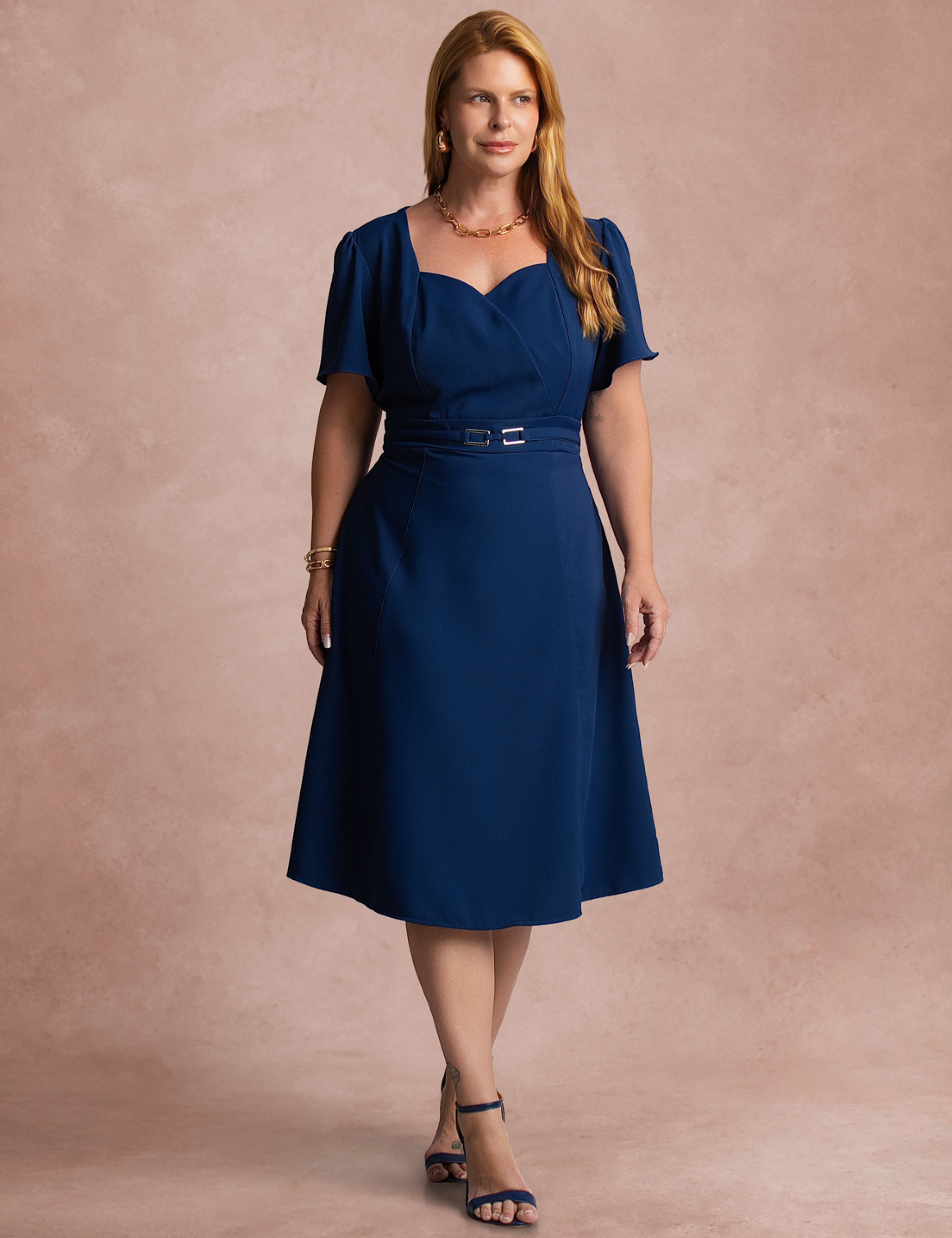 Vestido Midi Cintura Com Fivela Marinho