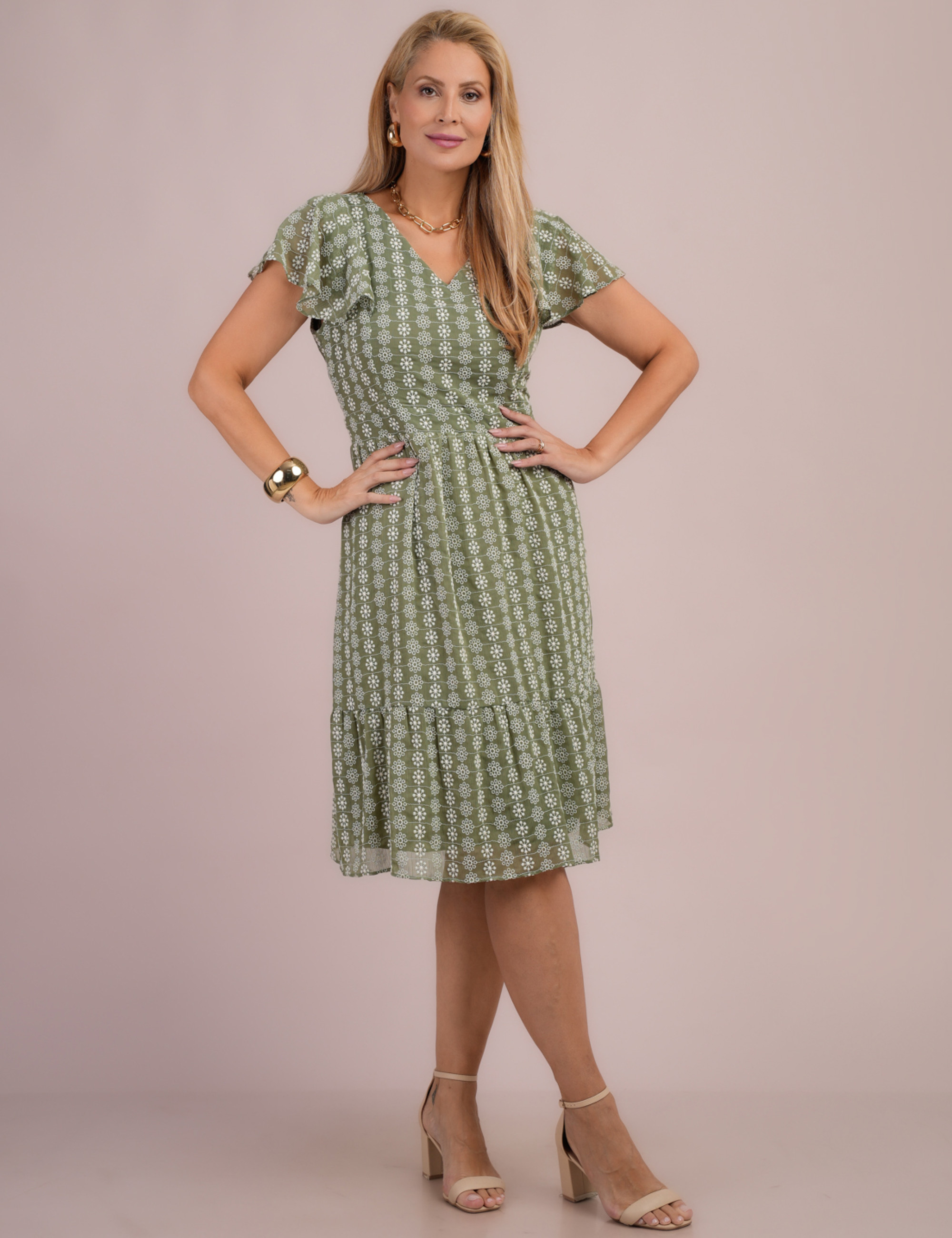 Vestido Midi Com Bordado Musgo