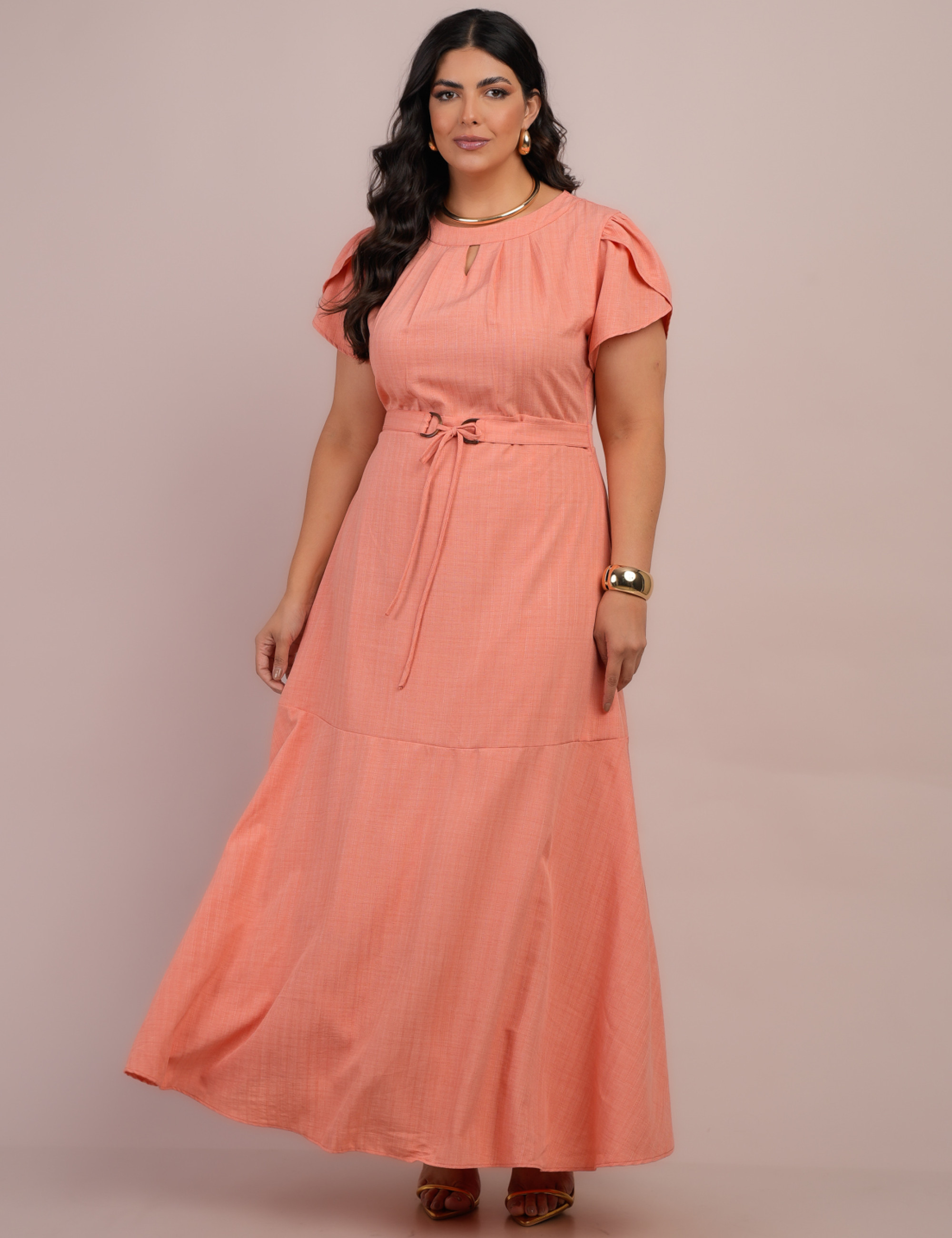 Vestido Longo Jaquard Com Cinto Salmão
