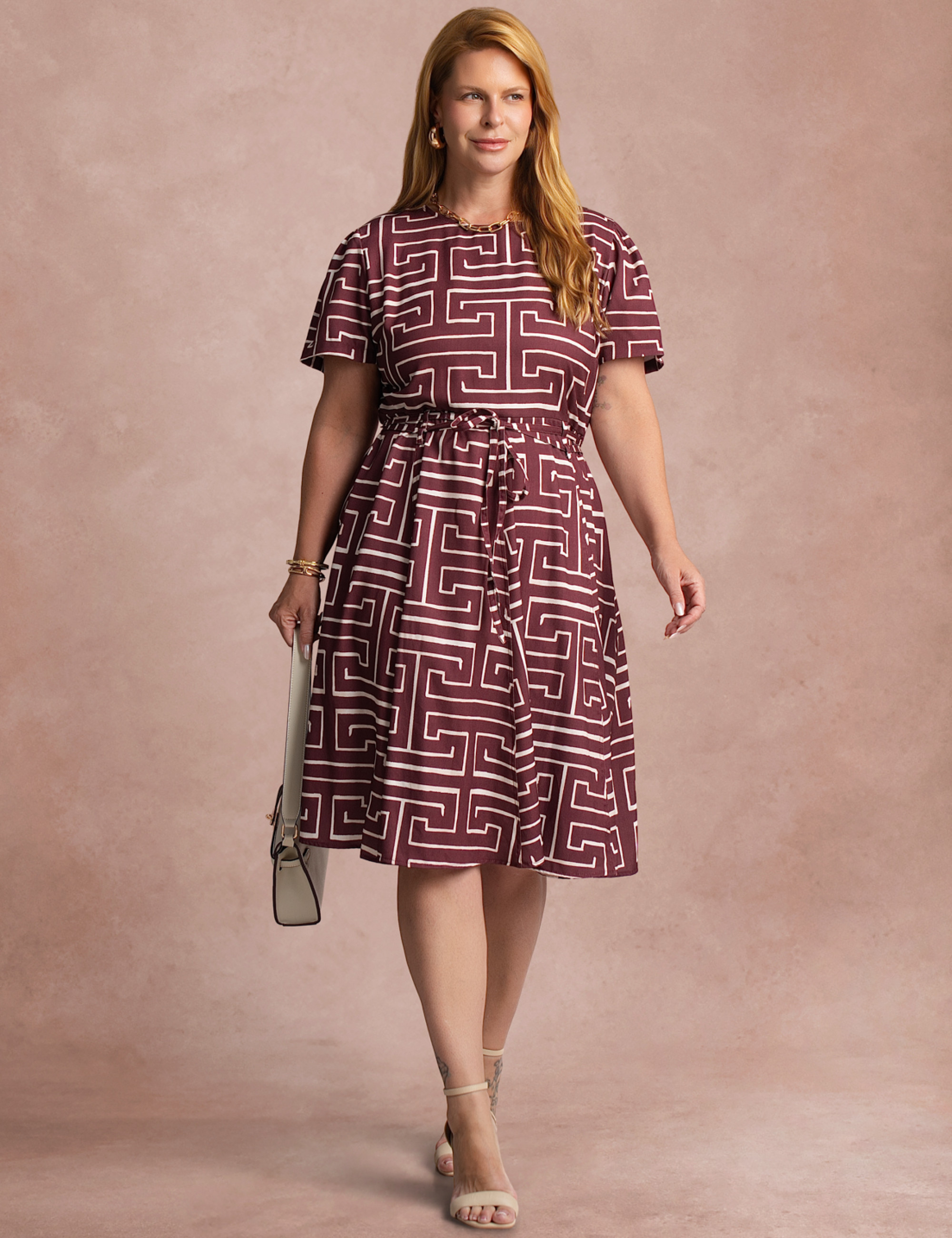 Vestido Midi Estampado Saia Rodada Vinho