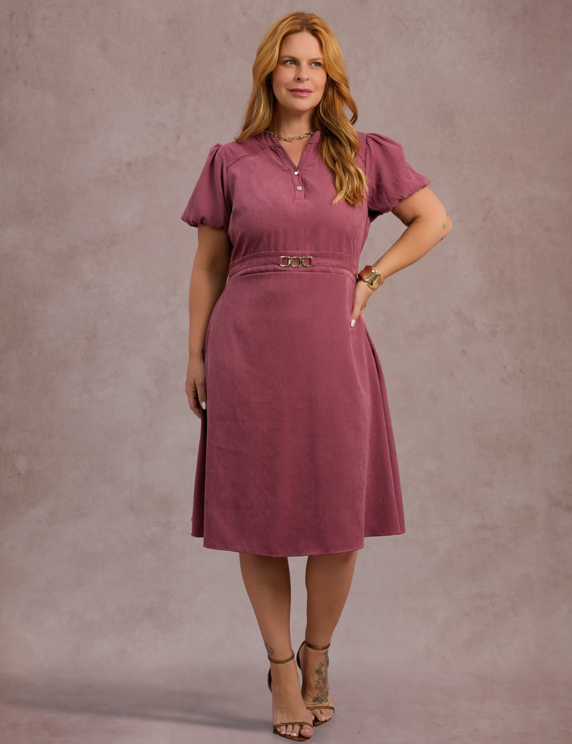 Vestido Midi Cintura Com Fivela Vinho 