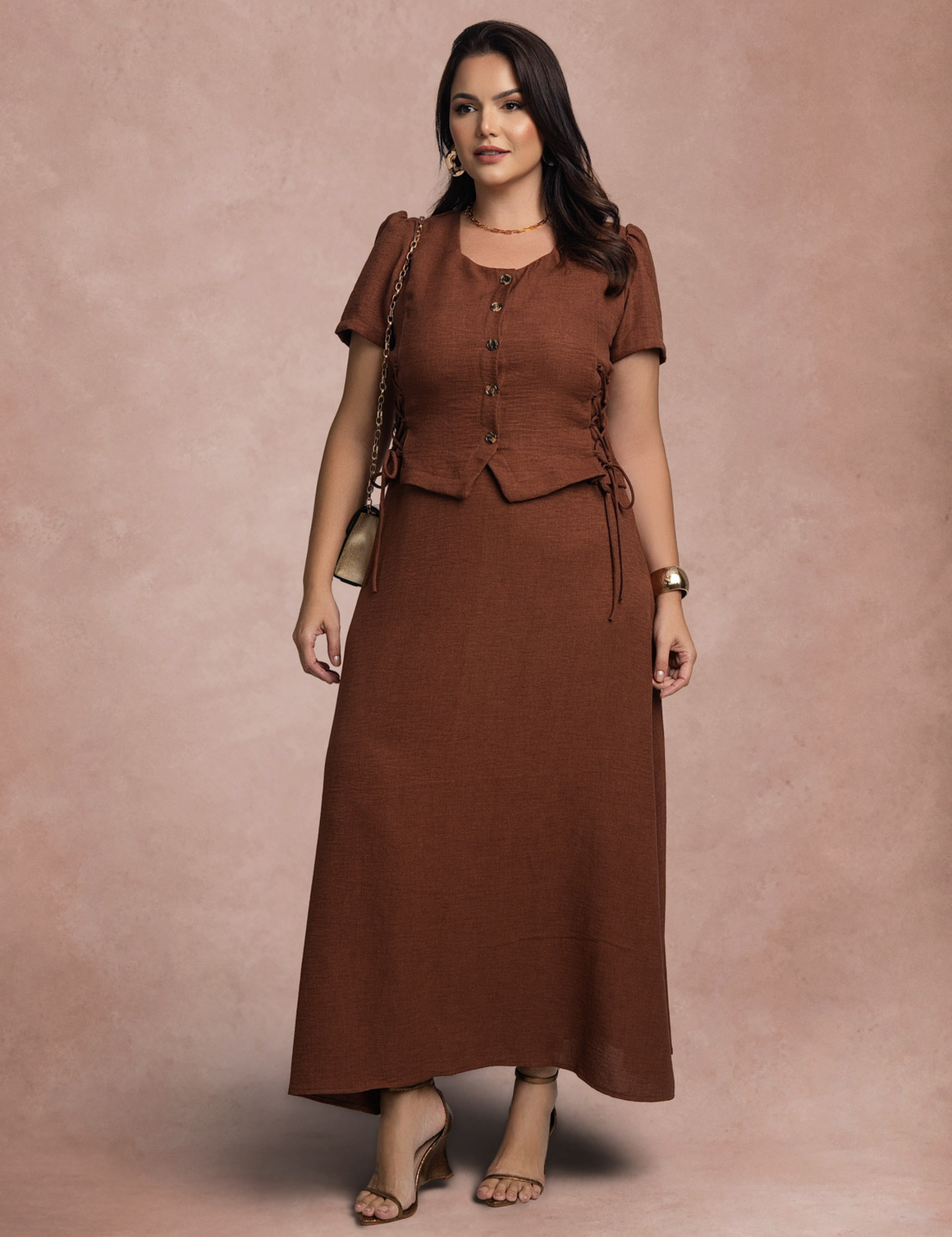 Vestido Longo Frente Com Botões Marrom 