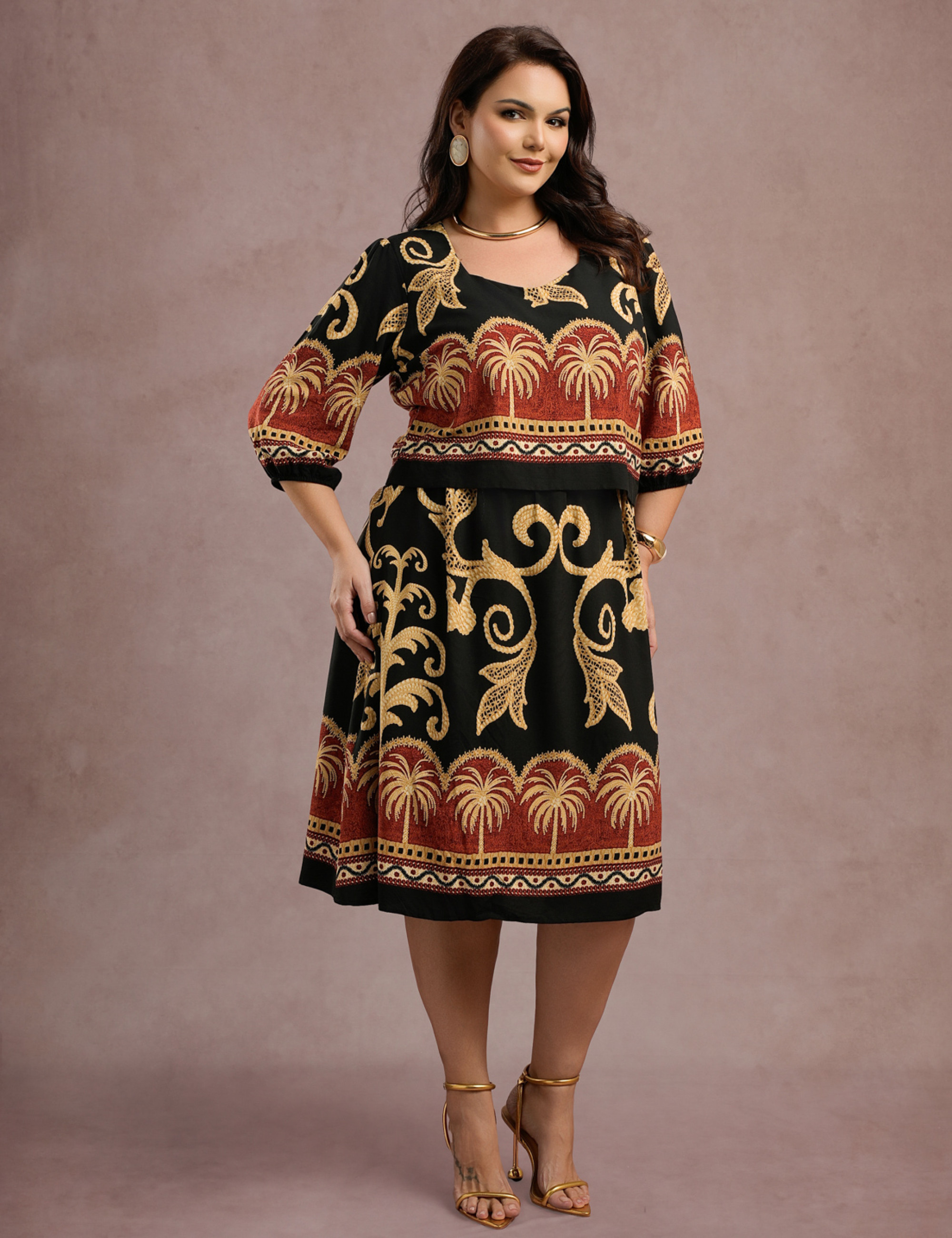 Vestido Midi Barrado Manga 3/4 Preto