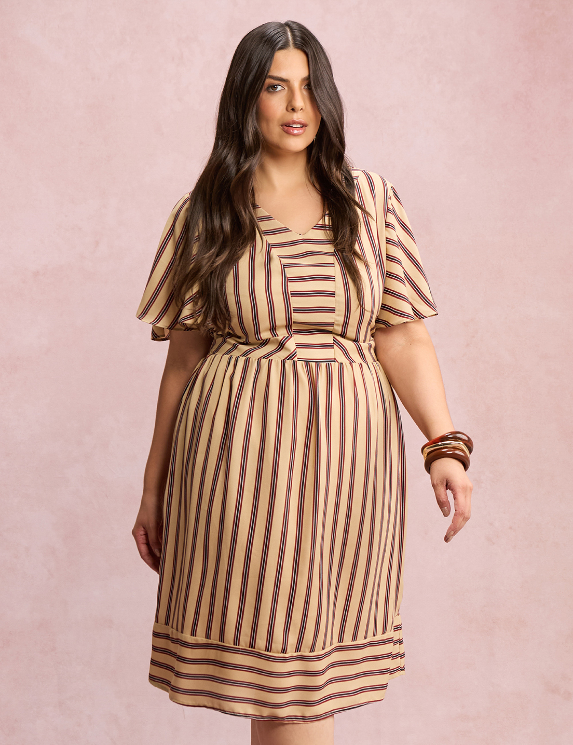 Vestido Midi Listrado Bege 
