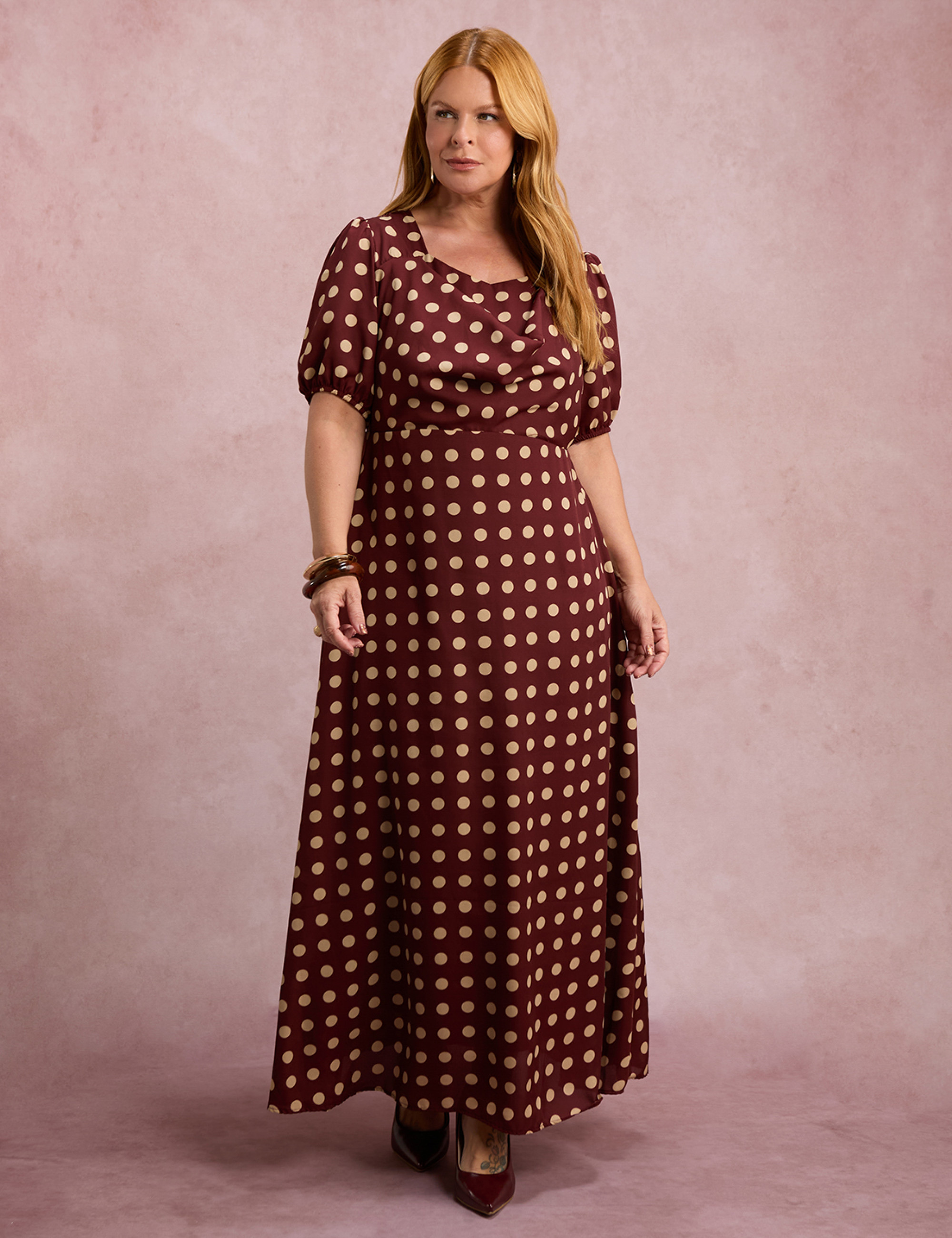 Vestido Longo Poá Gola Boba Vinho