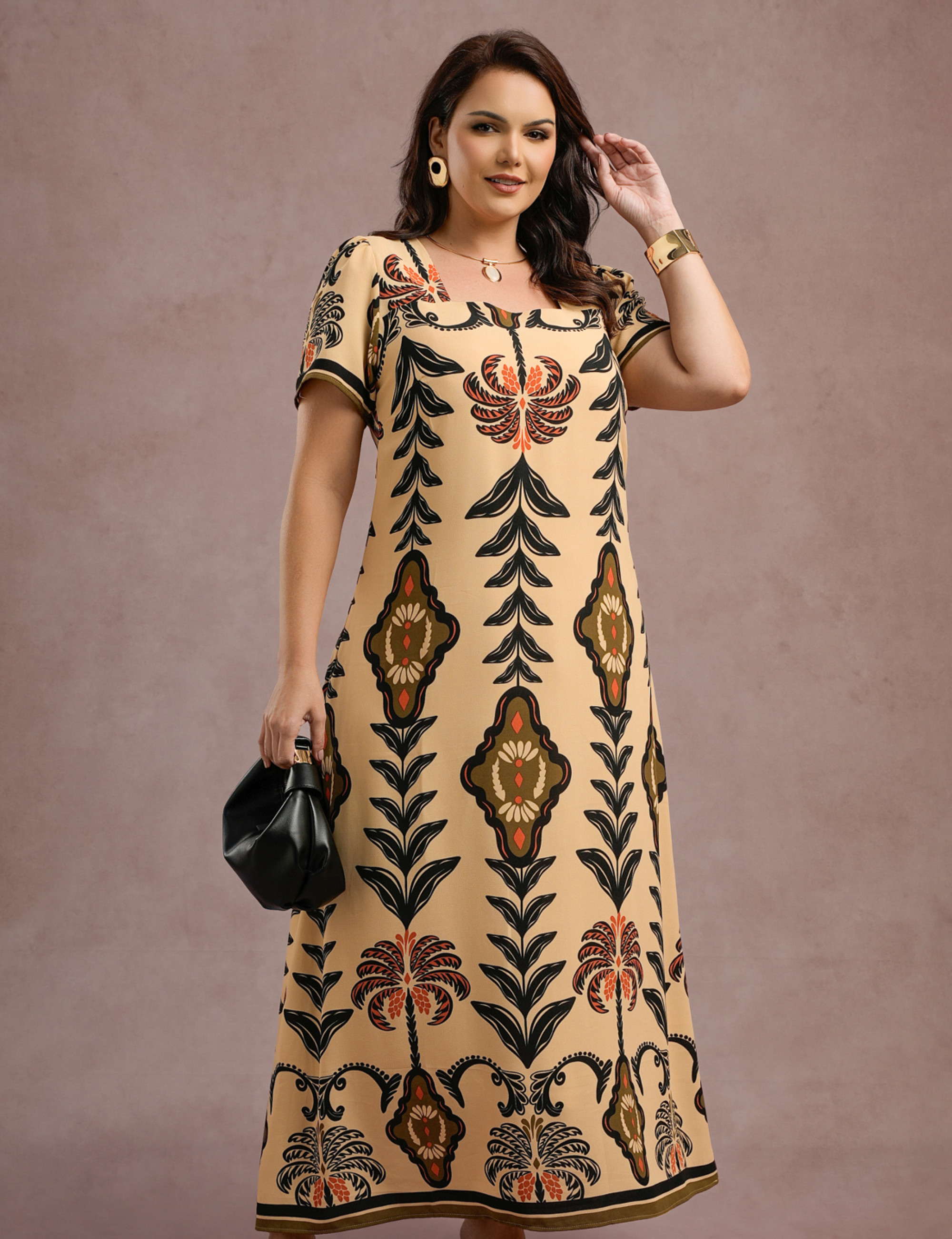 Vestido Longo Estampado Bege 