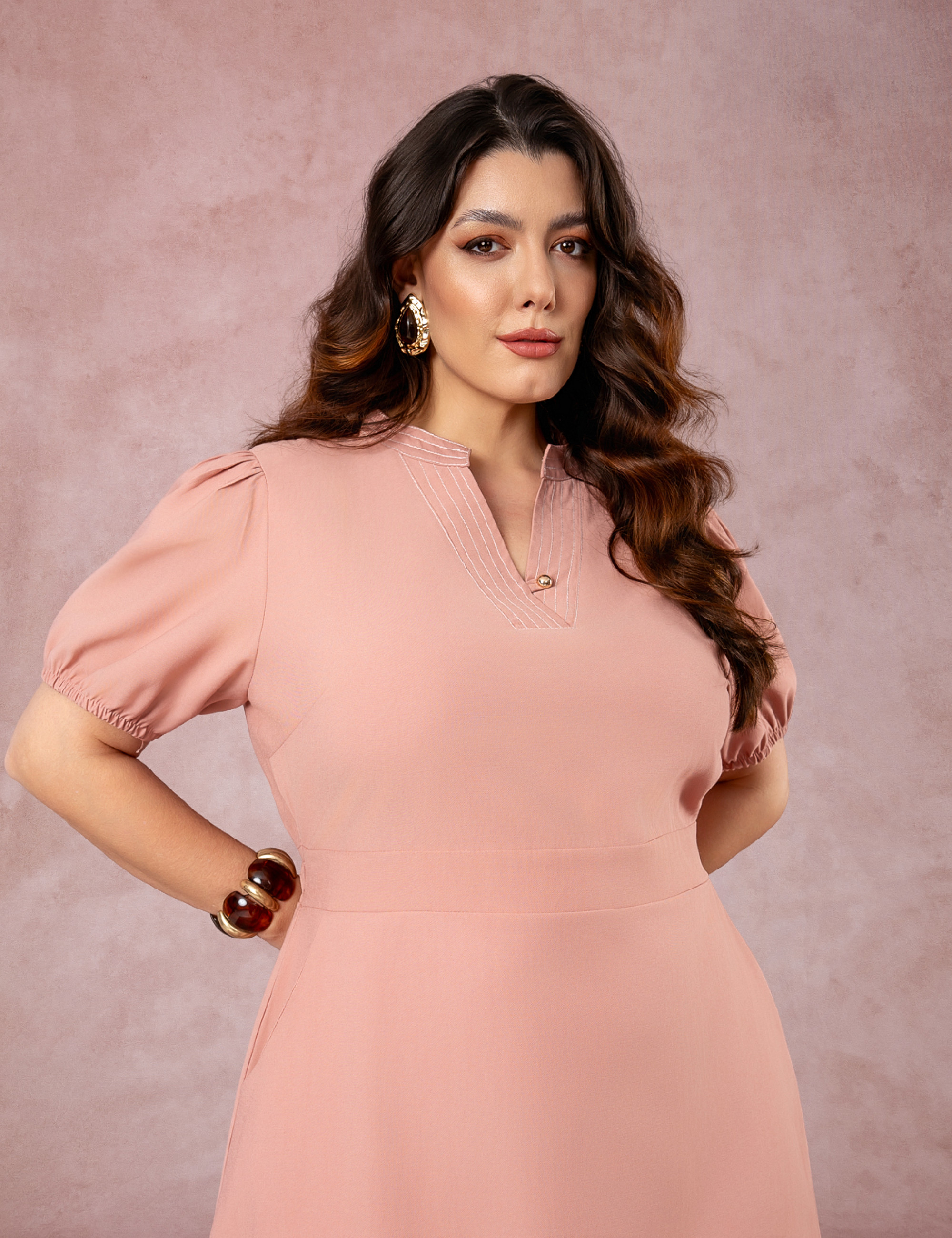 Vestido Midi Com Pesponto Rosé