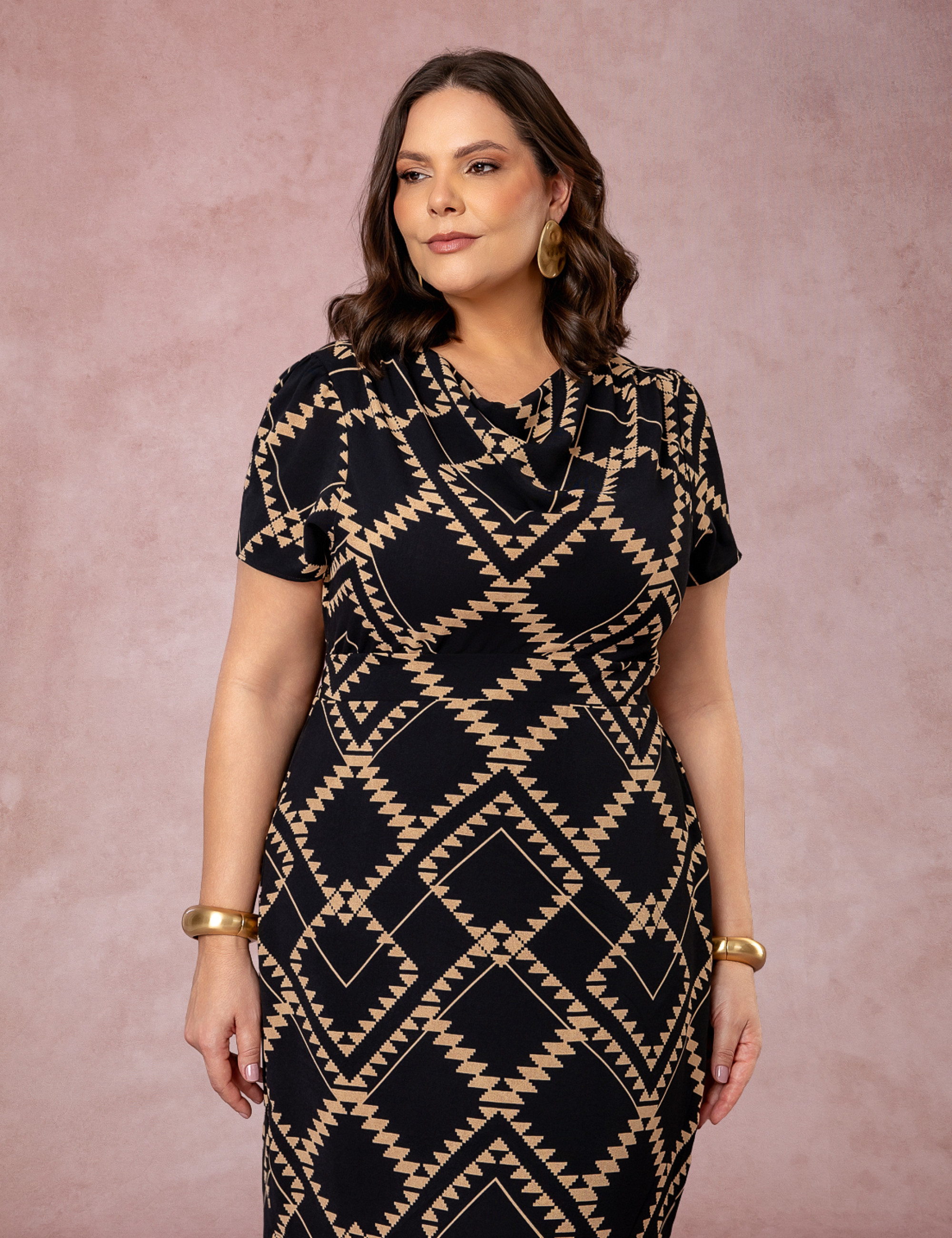 Vestido Midi Estampado Gola Boba Preto