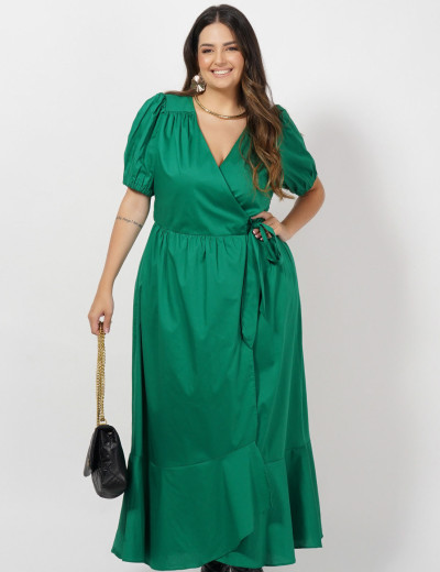 Vestido Longo Tricoline Liso Envelope Verde 