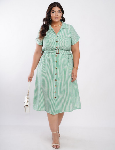 Vestido Midi Listrado Chemise Com Cinto Verde