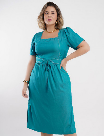 Vestido Midi Poliviscose Denim Com Pesponto Verde 
