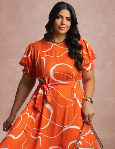 Vestido Midi Viscose Twill Com Cinto Laranja