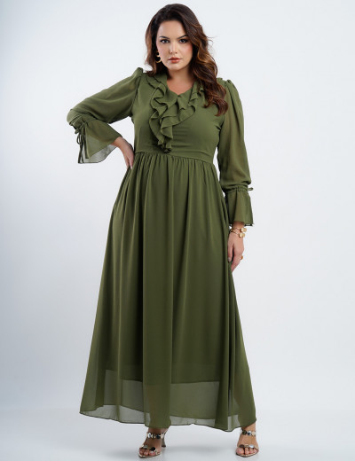 Vestido Longo Chiffon Com Babado Musgo