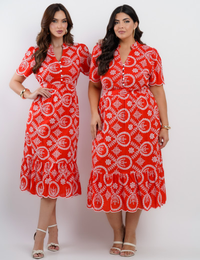 Vestido Midi Lasie Algodão com Botões Vermelho