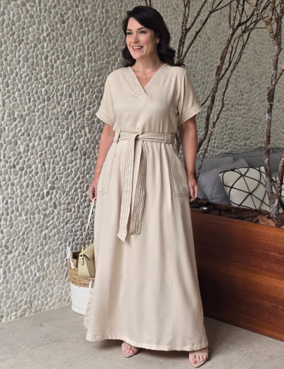 Vestido Longo Linho De Poliéster Com Pesponto Bege 