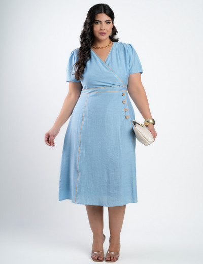 Vestido Midi Linho Misto Com Vivo Azul