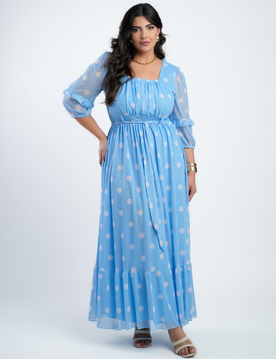 Vestido Longo Tule Estampado Poá Azul