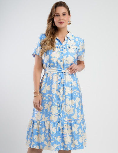 Vestido Midi Crepe Encorpado Estampado Azul