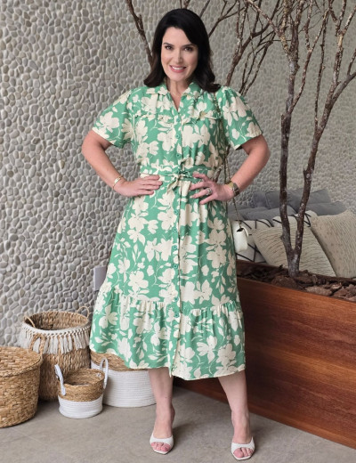 Vestido Midi Crepe Encorpado Estampado Verde 