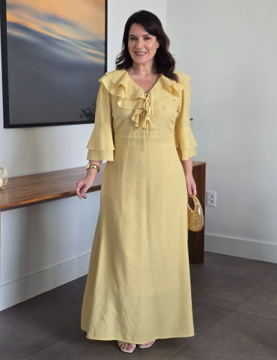 Vestido Longo Poliviscose Com Babado Amarelo