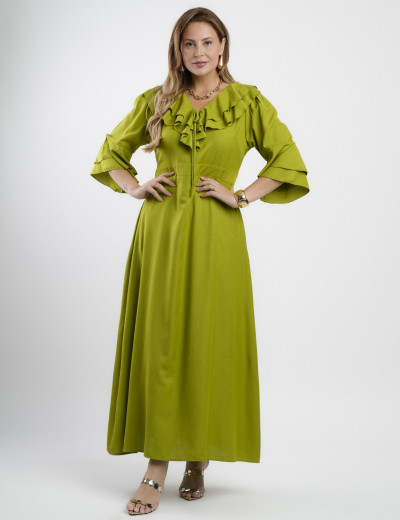 Vestido Longo Poliviscose Com Babado Verde