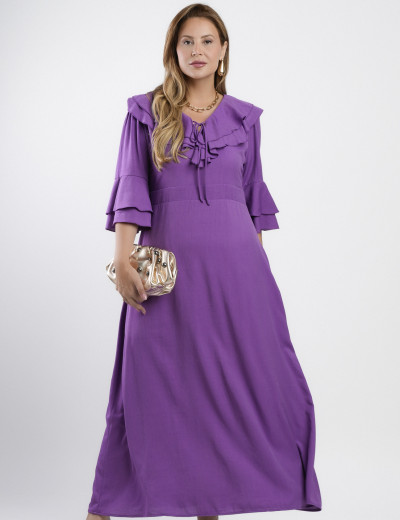 Vestido Longo Poliviscose Com Babado Roxo