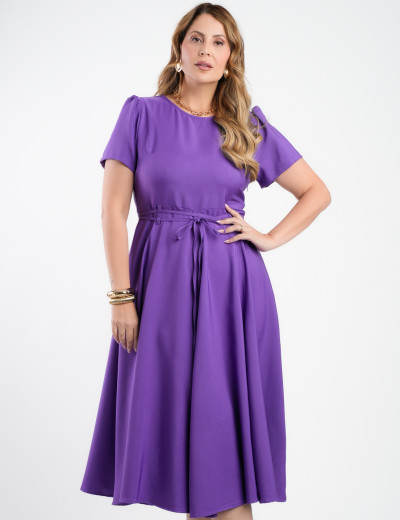 Vestido Midi Twill Liso Saia Rodada Roxo