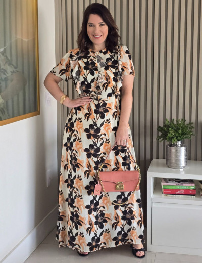 Vestido Longo Chiffon Estampado Com Babadinho Preto
