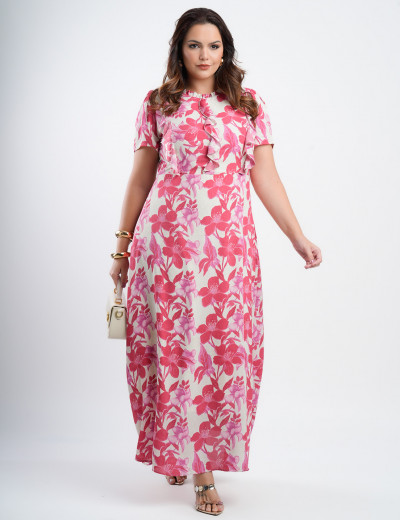 Vestido Longo Chiffon Estampado Com Babadinho Vermelho