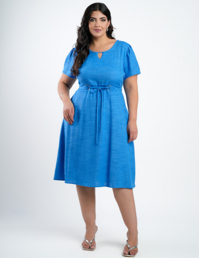 Vestido midi Linho Chambray Pala Com Amarração Azul