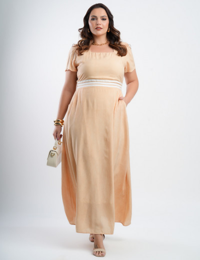 Vestido Longo Viscose Taidai Pala Com Faixinhas Bege 