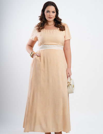 Vestido Longo Viscose Taidai Pala Com Faixinhas Bege 
