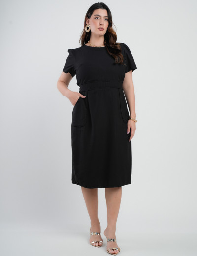 Vestido Midi Alfaiataria Com Nervuras Preto