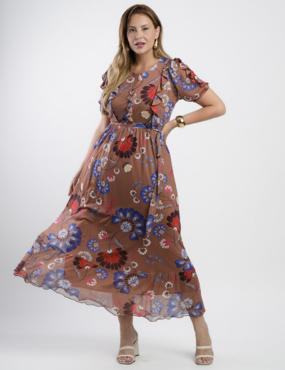 Vestido Longo Tule Estampado Com Babados Marrom