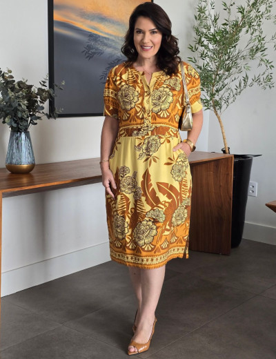 Vestido Midi Viscose Estampado Barrado Amarelo